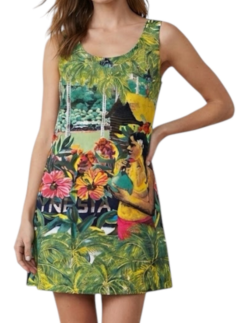 JAMS WORLD Vintage Tropical Polynesian Print Rayon Sleeveless Dress S